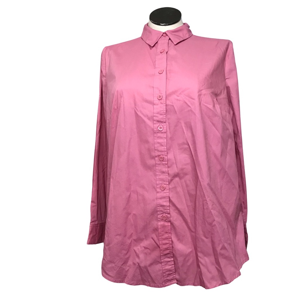 Woman Within Button Up Shirt Womens Size M 14/16 Pink Long Sleeves Collared Neck
